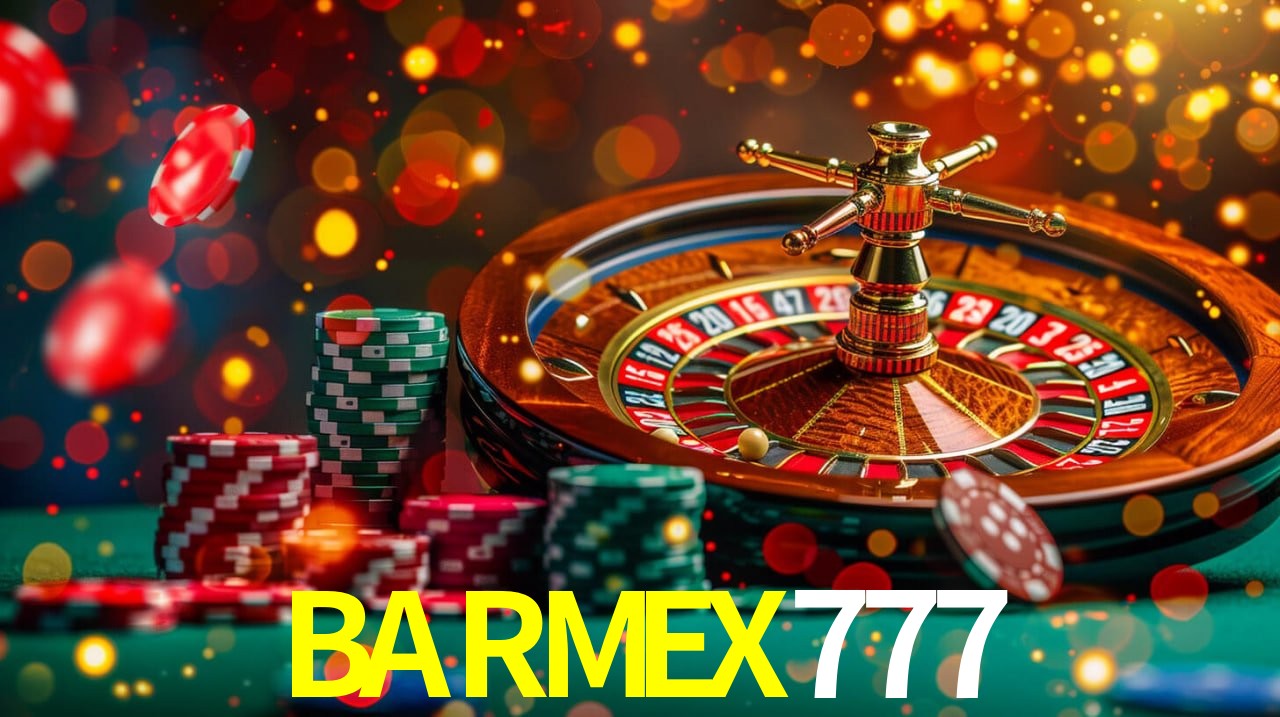 Una escena digital vívida inspirada en casino con BARMEX777 mostrado prominentemente, luces brillantes, fichas, cartas y acentos dorados.